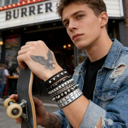 Miniatura 6 de Juego de 4 pulseras góticas de cuero negro, pulseras con tachuelas de pirámide, pulseras de muñeca punk rock para hombres y mujeres, conciertos