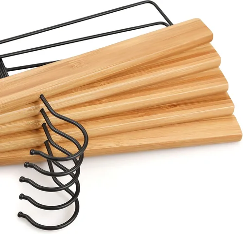 Miniatura 7 de TOPIA HANGER Perchas para pantalones, paquete de 10 perchas de bambú con clips negros y gancho giratorio, perchas duraderas de madera natural