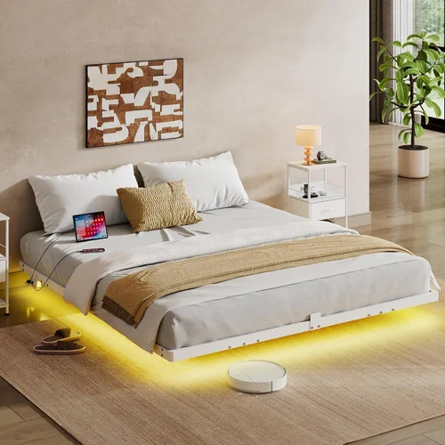 Miniatura 12 de WLIVE Base de cama flotante tamaño Queen, plataforma de metal resistente de 1500 libras con luz LED y estación de carga, no necesita somier, fácil