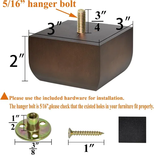 Miniatura 2 de Juego de 4 patas cuadradas para sofá, patas de repuesto de madera de 2 pulgadas para muebles, color marrón oscuro