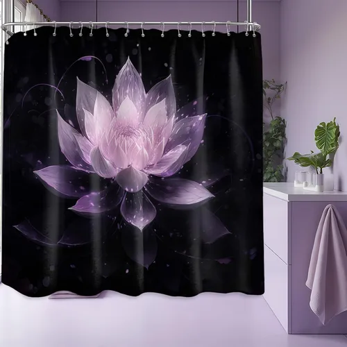 Miniatura 46 de Cortina de ducha con flores de loto negro y azul para decoración de baño, juego de cortinas decorativas de baño con estampado floral, tela
