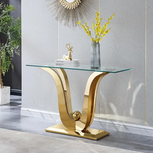 Miniatura 32 de Mesa de centro de cristal de lujo, mesa de centro de sofá de 47 pulgadas con marco de acero inoxidable dorado y parte superior de vidrio negro, mesa