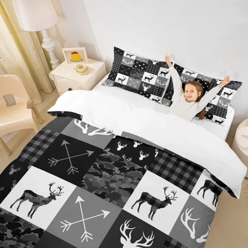 Miniatura 3 de Manfei Juego de ropa de cama de silueta de ciervo, tamaño individual, funda de edredón con patrón de flechas y cuernos con 1 funda de almohada