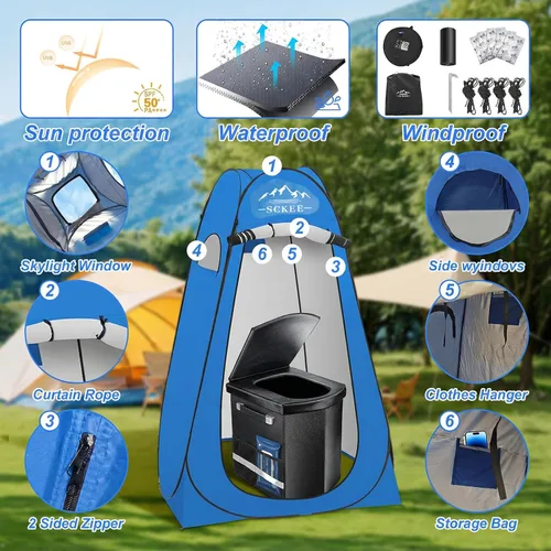 Miniatura 4 de Inodoro de campamento de 16.5 pulgadas con juego de tienda de campaña de privacidad emergente, inodoro portátil XL para campamento, duchas al aire