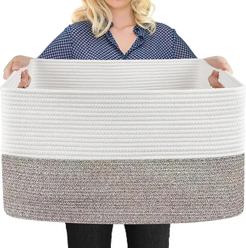 Miniatura 15 de MEGASKET Cesta de almacenamiento grande de color rosa, 22 x 17 x 12 pulgadas, contenedor rectangular de cuerda de algodón para organizar, Blanco