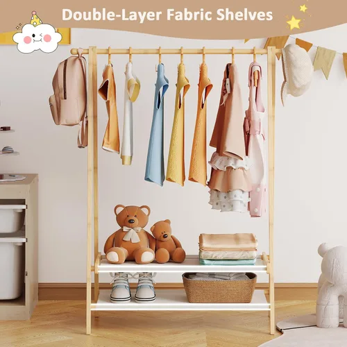 Miniatura 3 de Perchero de ropa para niños con 2 estantes de tela, soporte plegable para ropa infantil con barra para colgar, organizador de disfraces pequeño