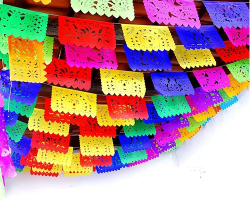 Decoraciones de fiesta, banderines de papel picado, más de 50 pies de largo, tela multicolor, guirnalda de papel, decoraciones mexicanas, bodas,