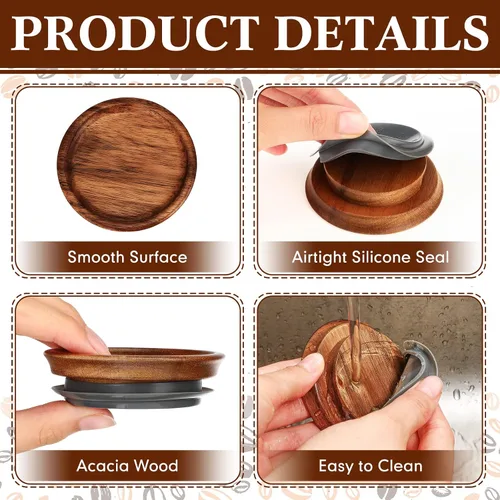 Miniatura 3 de Paquete de 20 tapas de almacenamiento de madera de acacia para frascos de boca regular, tapas de madera de acacia para conservas reutilizables