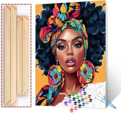 Miniatura 39 de Pintura de niña afro a la moda, kits de pintura por números, 16 x 20 pulgadas, lienzo de hojas tropicales, pintura al óleo para niños y adultos