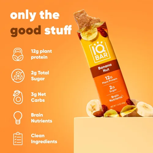 Miniatura 3 de IQBAR - Barras de proteínas para el cerebro y el cuerpo a base de plantas - Banana y nuez - 24 unidades - Keto, veganas, bajas en carbohidratos