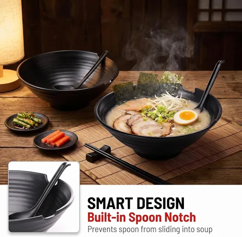 Miniatura 5 de Juego de 2 tazones de ramen irrompible estilo japonés, 37 onzas, grandes cuencos y cucharas de melamina mate con palillos y platillos para fideos