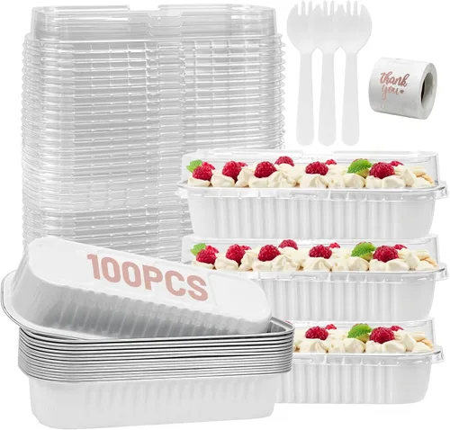 Miniatura 19 de Paquete de 100 mini moldes para pasteles de 6.8 onzas con tapas, moldes para hornear de papel de aluminio, recipientes individuales para postres