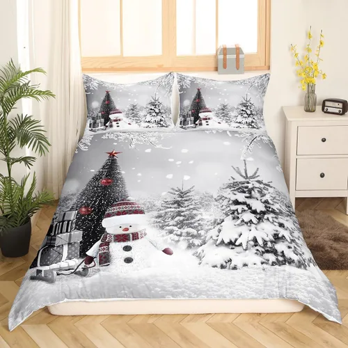 Miniatura 2 de Juego de ropa de cama de 3 piezas con diseño de muñeco de nieve, funda de edredón con temática de invierno, funda de edredón con temática de Feliz