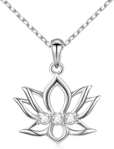 Collar con colgante de flor de loto de plata de ley 925 con diseño inspirador de circonita cúbica para mujeres y niñas, regalo de yoga, 16 pulgadas,
