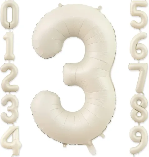 Globos de número 3, globo de número 3, globo de número 3 de 40 pulgadas, color blanco arena, globos grandes de números de aluminio para fiesta de