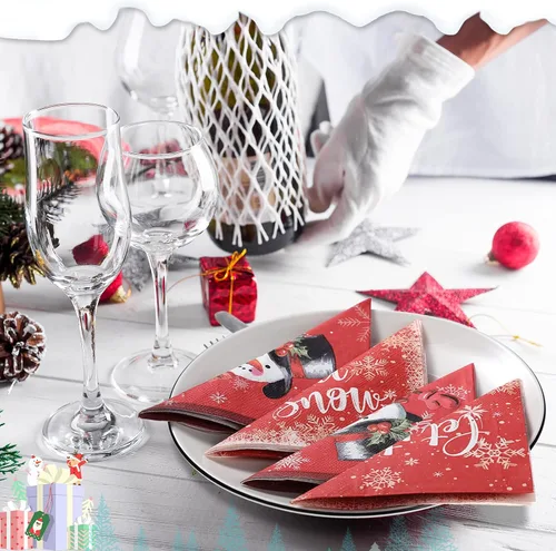 Miniatura 5 de Faccito 100 servilletas de papel de muñeco de nieve de Navidad, servilletas de cóctel de copo de nieve de invierno, servilletas de bebidas rojas