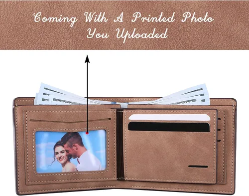 Miniatura 5 de INBLUE Billetera plegable grabada personalizada, cartera de cuero personalizada con foto y texto grabado, regalos para hombres, marido, papá, hijo