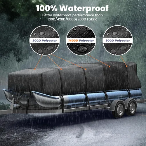 Miniatura 4 de RVMasking Cubierta para barco pontón con cubierta para motor, 1400D resistente reforzada en el medio, cubierta impermeable para barco de grado