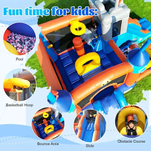 Miniatura 4 de Casa de rebote comercial de 16 pies con soplador, 100% PVC inflable con 2 toboganes, pozo de bolas, túneles, escalada, carrera de obstáculos 6 en 1