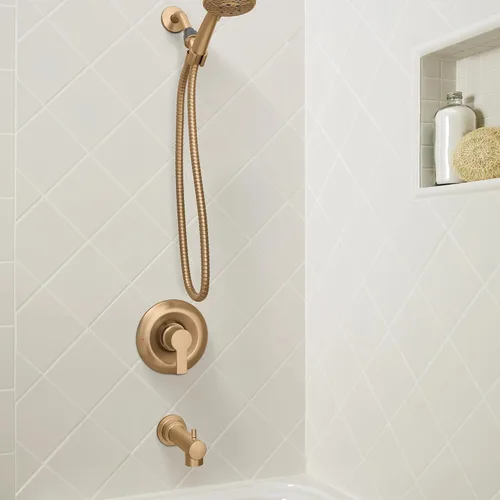 Miniatura 8 de Moen Meena Oro Bronceado Grifo de Ducha Moderno de Una Sola Manija con Ducha de Mano y Boquilla de Tina para Bañera, Válvula Incluida, 82618BZG