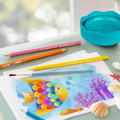 Miniatura 3 de Faber-Castell Clic & Go - Taza de agua de pintura portátil con soporte para cepillo, turquesa, limpiador de pinceles de pintura plegable, taza