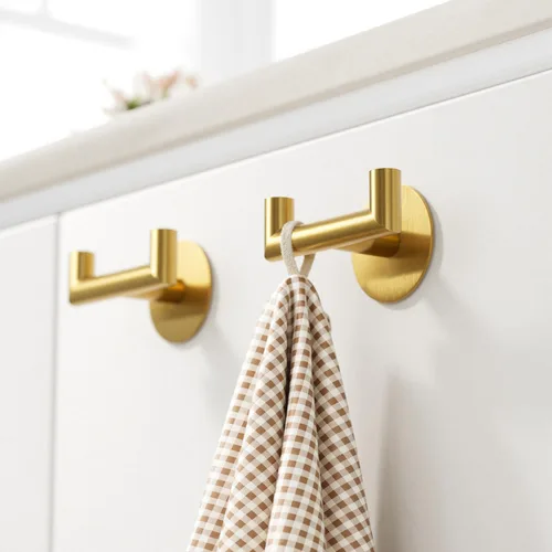 Miniatura 7 de GWAAZXGZ Paquete de 2 ganchos de baño dorados cepillados para toallas, ganchos dobles autoadhesivos para pared, sin taladrar, acero inoxidable 304