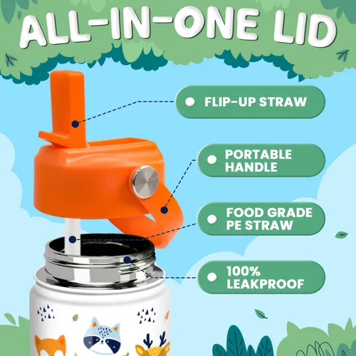 Miniatura 3 de SANDJEST Botella de Agua para Niños con Tapa de Pajita - 12 Oz Botella de Acero Inoxidable Aislada con Dibujo de Animales para Niños y Niñas - Taza