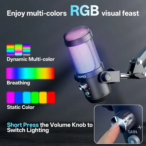Miniatura 4 de JARO Micrófono USB para podcast con brazo de brazo, micrófono de condensador de estudio con monitoreo en tiempo real, silencio, control de volumen