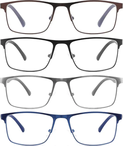 Miniatura 5 de Paquete de 4 lentes de lectura con bloqueo de luz azul para hombres, elegantes lentes de marco metálico con bisagras de resorte cómodas, filtro UV