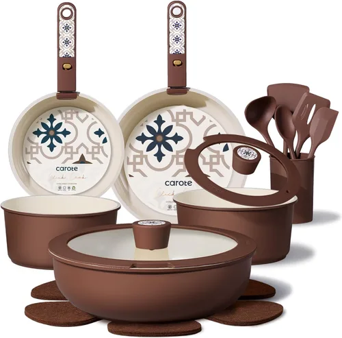 CAROTE Juego de 21 utensilios de cocina de cerámica, juego de ollas y sartenes antiadherentes, no tóxicos, mango desmontable, juego de cocina de