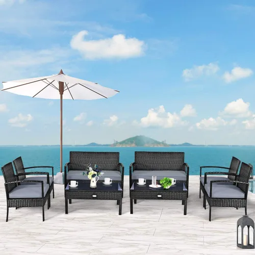 Miniatura 10 de Juego de 4 muebles de patio para exteriores, juego de sofá de mimbre con cojín marrón oscuro resistente al agua y mesa de vidrio templado para patio