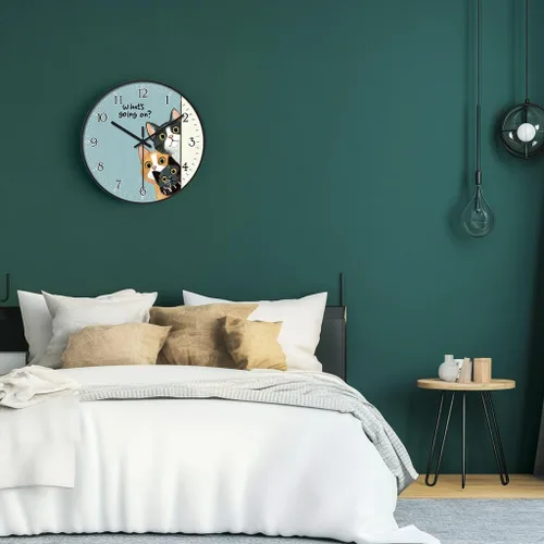 Miniatura 3 de Reloj de pared de plástico de 8 pulgadas con pilas, reloj de pared redondo decorativo, reloj de pared silencioso, patrón de gato 2269-Three Cat