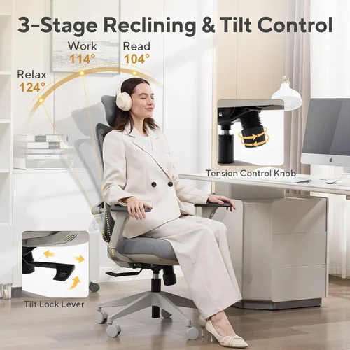 Miniatura 5 de Nouhaus Fluido - Silla de oficina ergonómica, silla de computadora de malla con respaldo alto y soporte lumbar ajustable en altura, respaldo y Gris