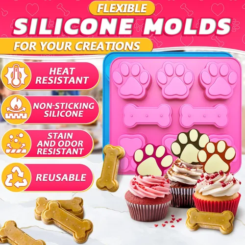 Miniatura 3 de 2 moldes de silicona para golosinas para perros, moldes congelados para hornear y congelar con formas de huesos y patas de cachorro, fácil