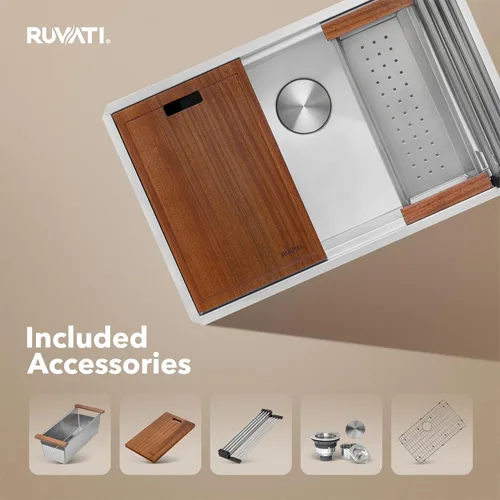 Miniatura 3 de Ruvati RVH8300 Fregadero de cocina de acero inoxidable de calibre 16 individual, instalación por debajo de la encimera y guías para estación