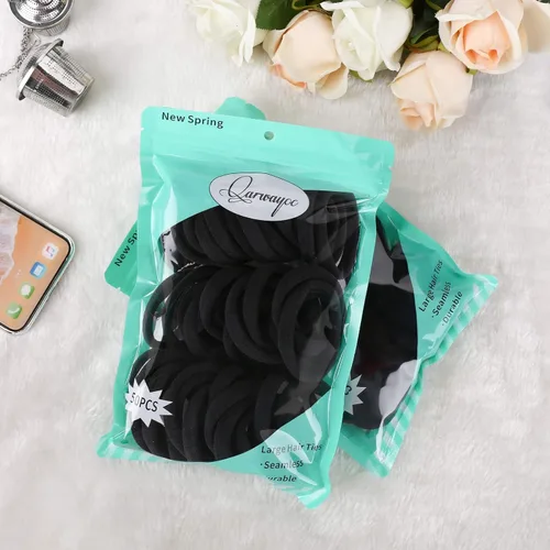 Miniatura 5 de 50 ligas negras para el cabello para mujer, bandas de algodón sin costuras, soportes elásticos para cola de caballo, no dañan el cabello grueso, 2