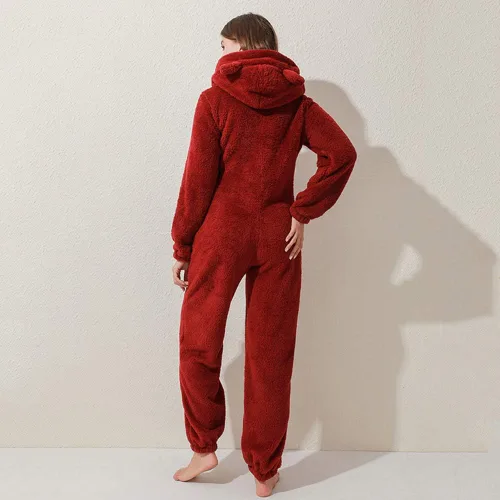 Miniatura 7 de Pijama de forro polar para mujer, mameluco cálido de sherpa, ropa de dormir de una pieza con cremallera y capucha