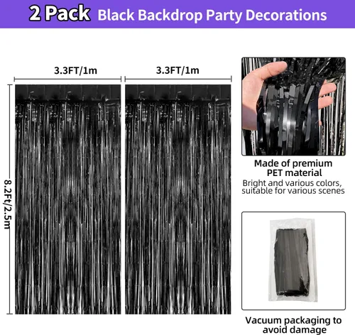 Miniatura 3 de Cortinas de flecos de papel de aluminio de oropel negro de 3.3 x 8.2 pies, telón de fondo de flecos negros para decoración de fiestas