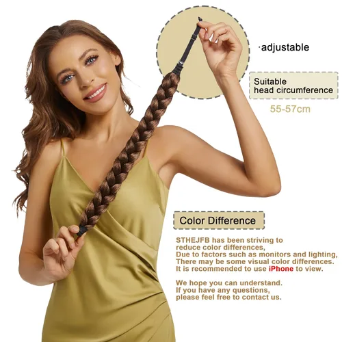 Miniatura 6 de Diadema trenzada bohemia de gran tamaño, trenzas anchas clásicas, correa elástica ajustable, peluca sintética, trenzas para mujer, accesorios