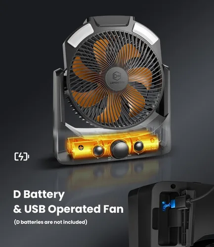 Miniatura 2 de Ventilador de campamento con linterna LED, ventilador de escritorio con pilas D de 8 pulgadas con temporizador, control de velocidad continuo