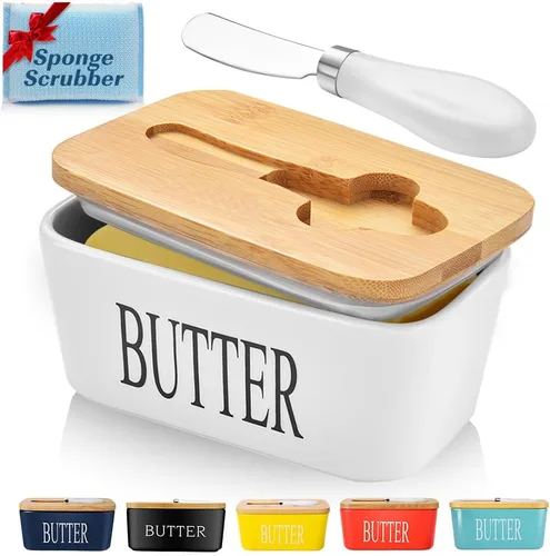 Miniatura 10 de Mantequillera con tapa: recipiente grande para mantequilla para encimera, soporte de mantequilla de cerámica para mostrador, bandeja de mantequilla
