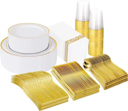 Miniatura 13 de Supernal Juego de vajilla de plástico de 216 piezas incluye platos desechables arcoíris para fiesta resistentes, vasos desechables coloridos, 216