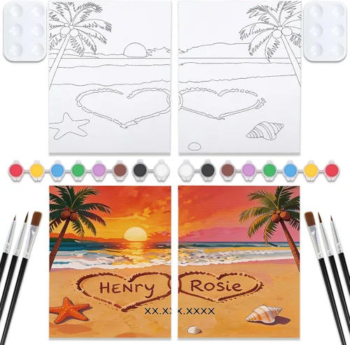 Miniatura 13 de VOCHIC Kit de pintura para sorbos y pinturas, lienzo predibujado para parejas, kit de pintura para adultos, citas, noche, atardecer, corazón