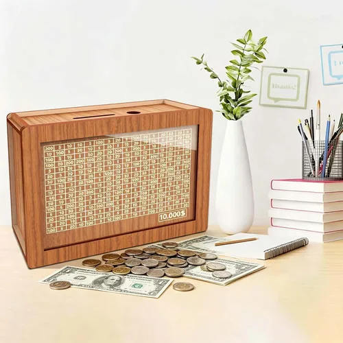 Miniatura 8 de Alcancía para adultos y niños, banco de monedas de madera para niños y niñas, caja fuerte de efectivo caja de ahorro de dinero con contador, caja