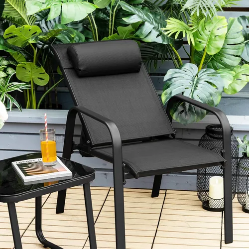 Miniatura 4 de Tangkula Juego de 3 piezas de bistró para exteriores, sillas apilables para patio con respaldo ajustable y plegable, reposacabezas extraíble y mesa