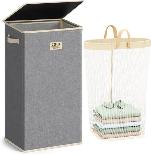 Miniatura 24 de SOLEDI - Canasta de lavandería con tapa de 100L, canasta de ropa plegable grande y alta, cesta de lavandería con bolsa removible fácil
