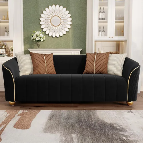 Sofá de lujo de terciopelo retro de 3 plazas, cómodo sofá biplaza tapizado de terciopelo de 86 pulgadas con patas y almohadas de metal dorado, sofá