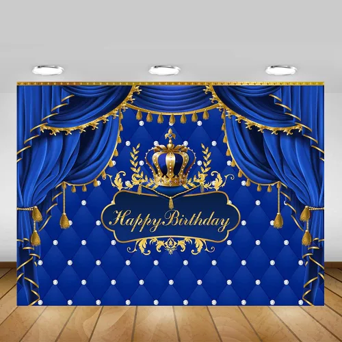 Miniatura 5 de Mocsicka Telón de fondo de cumpleaños azul rey, fondo de cortina de corona de príncipe azul dorado, decoración para fiesta de cumpleaños de niño