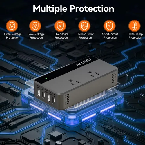 Miniatura 5 de ALLWEI Inversor de corriente para automóvil de 200 W, 12 V CC a 110 V CA inversor de automóvil con 4 puertos USB de carga rápida (2 USB A, 2 USB C)