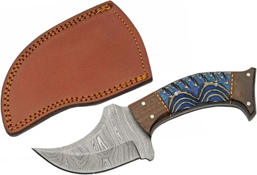 SANZ - Cuchillo de caza de rinoceronte de Damasco de 8 pulgadas, cuchillo de campamento azul con mango de madera, hoja de espiga completa y funda